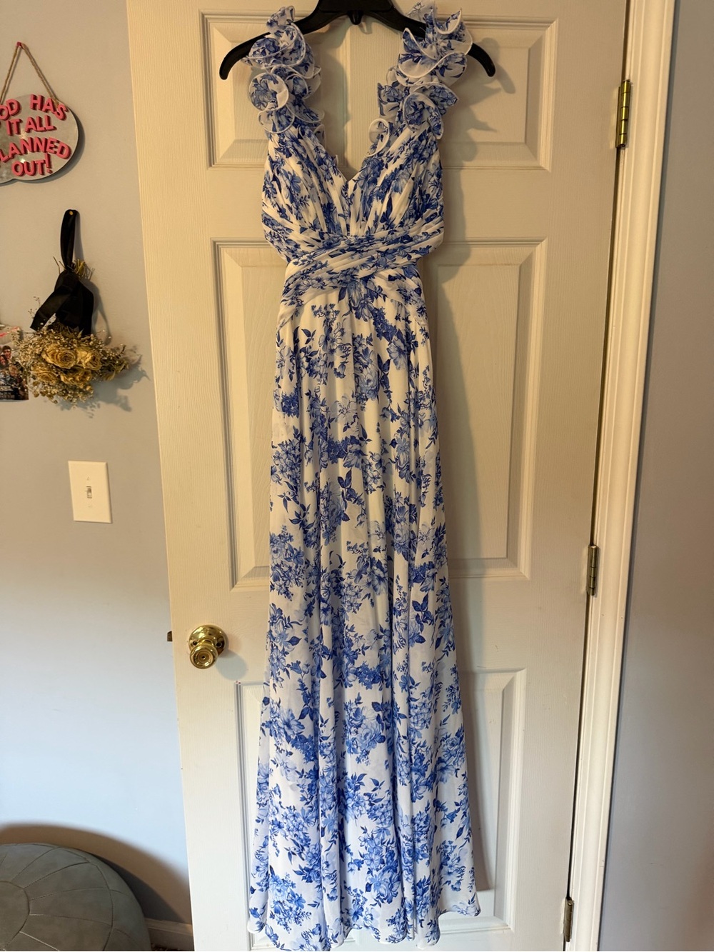 Blue and White Floral Ruffle Maxi Dress